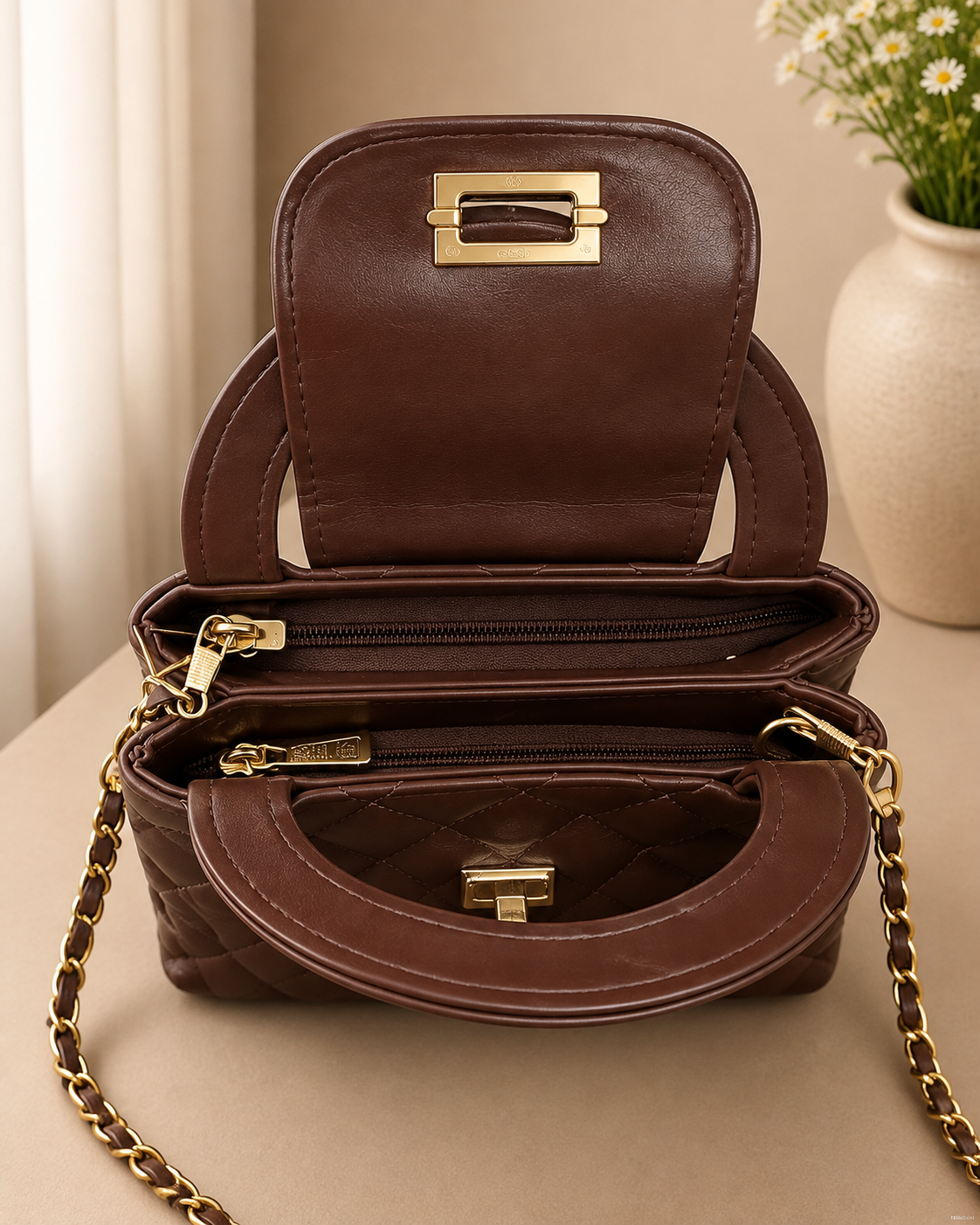 Mira Quilted Crossbody Bag - Brown
