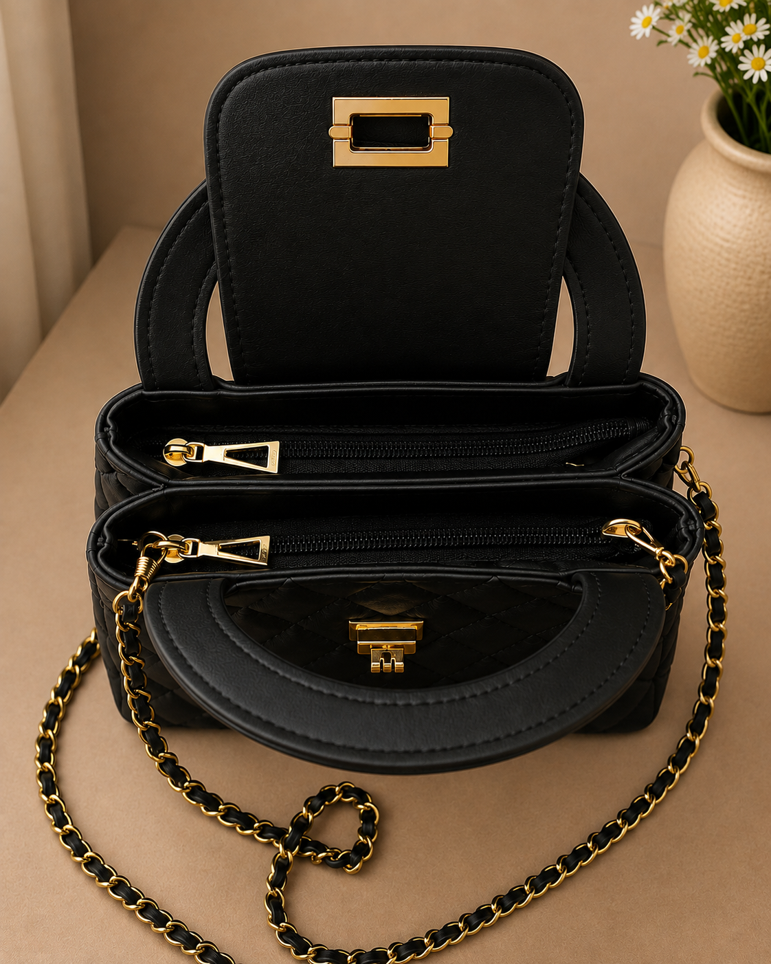 Mira Quilted Crossbody Bag - Black