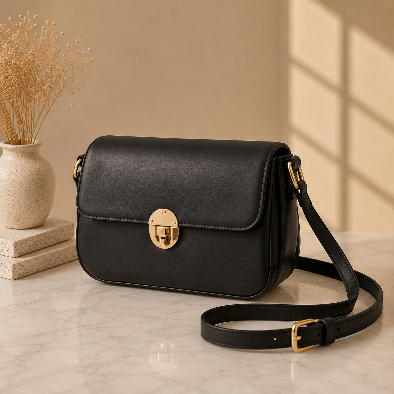 Luna Lock Shoulder Bag - Black