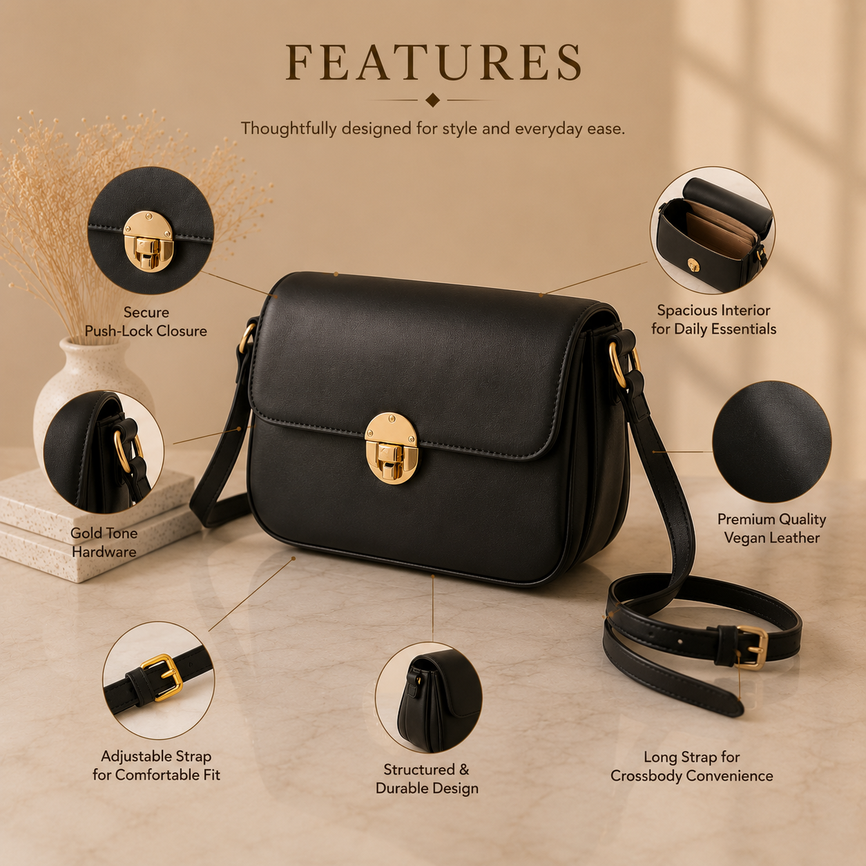 Luna Lock Shoulder Bag - Black